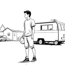 Lijnkunsttekening van een jonge voetbalspeler die Justin Waller vertegenwoordigt, met een vastberaden houding voor een trailerparkomgeving.
