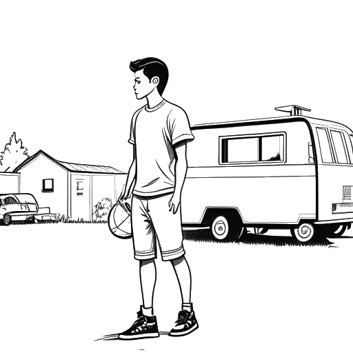 Lijnkunsttekening van een jonge voetbalspeler die Justin Waller vertegenwoordigt, met een vastberaden houding voor een trailerparkomgeving.