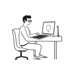 Lijnkunsttekening van een content-creërende man aan zijn werkplek, als representatie van Justin Waller, met een zichtbare YouTube-icoon, wat zijn maatschappelijke betrokkenheid aantoont.