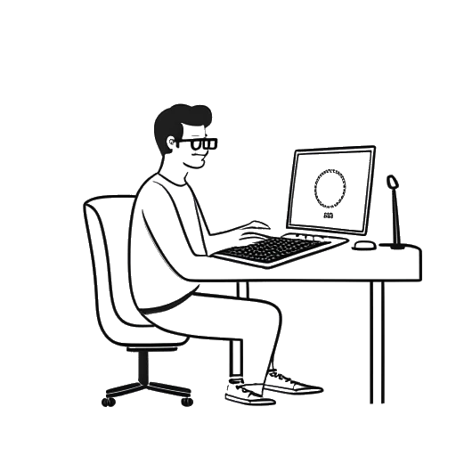 Lijnkunsttekening van een content-creërende man aan zijn werkplek, als representatie van Justin Waller, met een zichtbare YouTube-icoon, wat zijn maatschappelijke betrokkenheid aantoont.