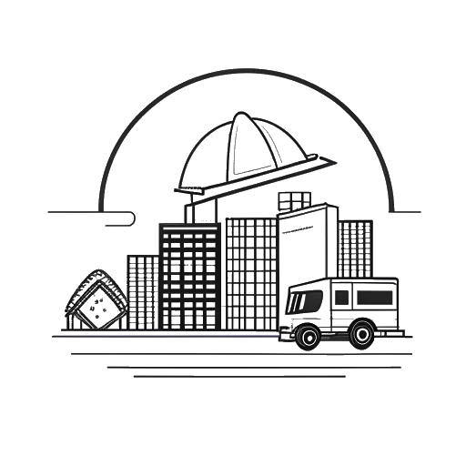 Line art drawing of various symbols, representing Justin Waller's wealth: a construction helmet for his business, a metal building structure, a YouTube play button for his channel, and a sleek office for his entrepreneurship, all against a white backdrop.