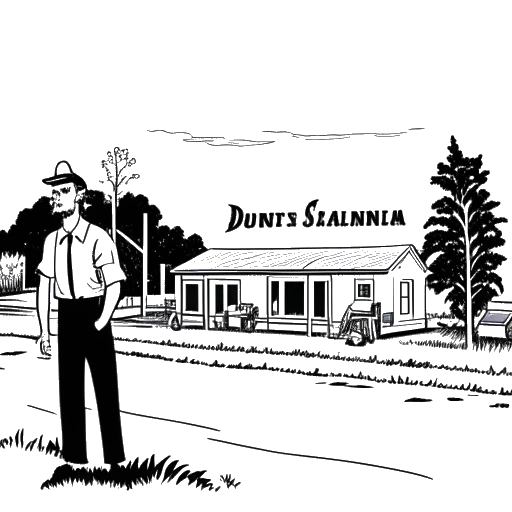 Disegno in bianco e nero di un uomo, rappresentante Justin Waller, in piedi di fronte a un cartello che recita 'Denham Springs, Louisiana'