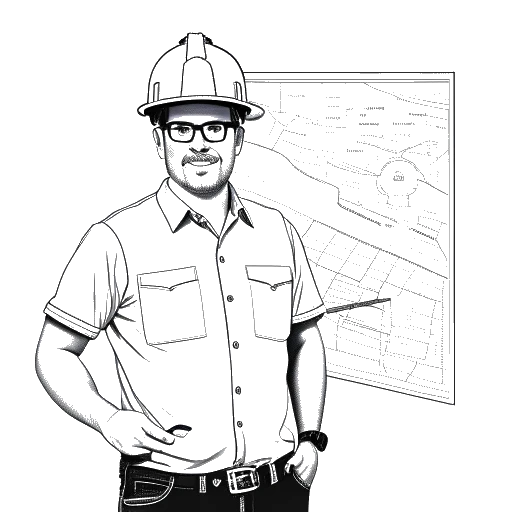 Line art drawing of a man, representing Justin Waller, with a hard hat and tools standing in front of a map of Louisiana with education and socio-economic statistics