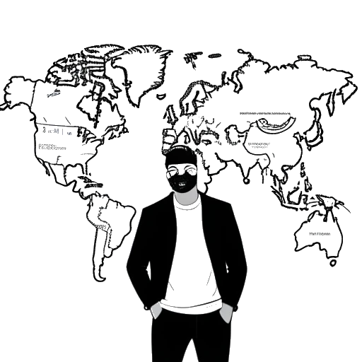 Disegno in bianco e nero di un uomo, rappresentante Justin Waller, in piedi di fronte a una grande mappa degli Stati Uniti e dei Caraibi con piccole icone di edifici metallici sparse su di essa