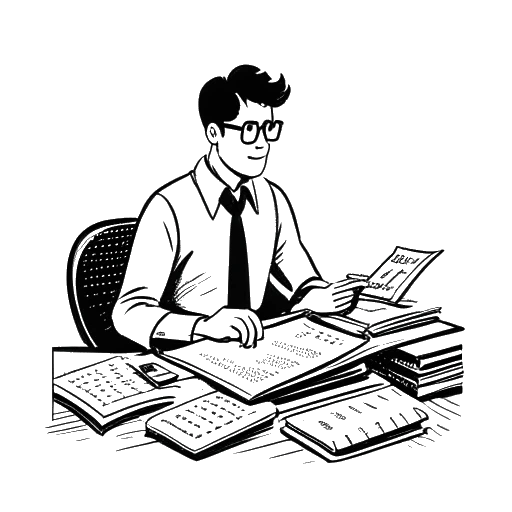 Strichzeichnung eines Mannes, der Justin Waller darstellt, der an einem Schreibtisch sitzt mit einem Taschenrechner, einem Hinweis auf 'Schwierigkeiten bei der Lohnabrechnung' und einem Stapel von Papieren, auf dem 'Schuldenverwaltung' steht