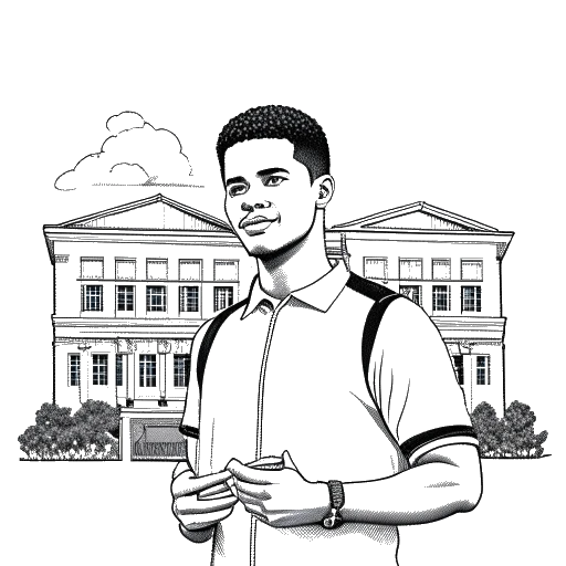 Strichzeichnung eines Mannes, der Justin Waller darstellt, im Football-Trikot, der ein Diplom hält, im Hintergrund ein Universitätsgebäude