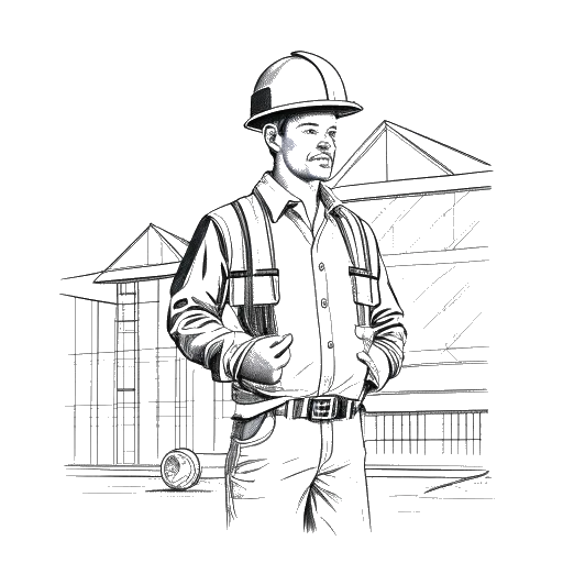 Disegno in bianco e nero di un uomo, rappresentante Justin Waller, vestito da costruttore che tiene un progetto davanti a una struttura parzialmente costruita durante un temporale