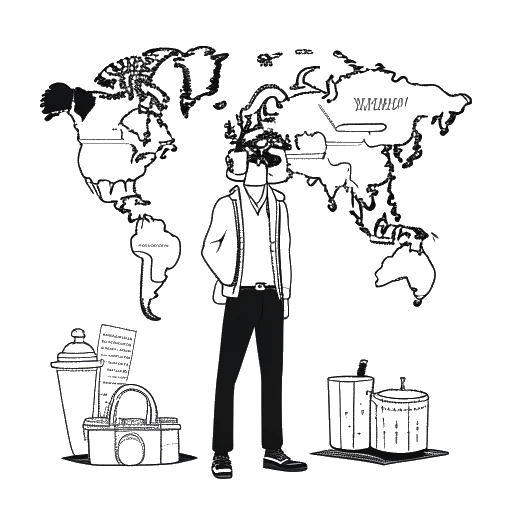 Disegno in bianco e nero di un uomo, rappresentante Justin Waller, con una valigia in mano di fronte a una mappa del mondo con spilli in vari luoghi, inclusi Dubai e Medellin, in Colombia
