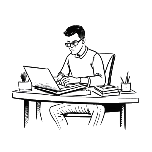 Lijntekening van een man, die Justin Waller vertegenwoordigt, zittend aan een bureau met open boeken en een laptop met een notitie die 'continu leren' en 'aanpassingsvermogen' leest.