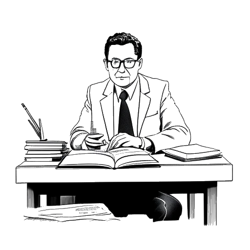 Strichzeichnung eines Mannes, der Justin Waller darstellt, der an einem Schreibtisch sitzt mit geöffneten Büchern von Patrick Lencioni, Robert Kiyosaki und Robert E Gerber