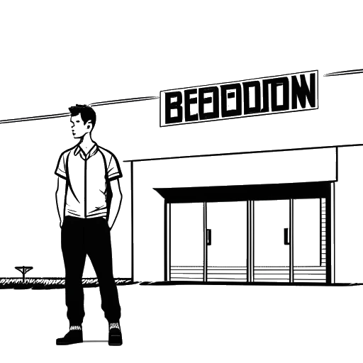 Line art drawing of a man, representing Justin Waller, standing in front of a metal building with a sign that reads 'RedIron Construction'