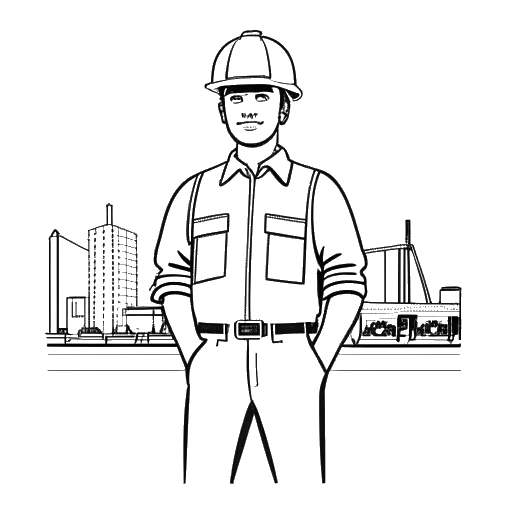 Line art drawing of a man, representing Justin Waller, standing in front of a construction site with a hard hat and a safety sign