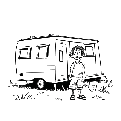 Disegno in bianco e nero di un ragazzo, rappresentante Justin Waller, che gioca fuori da una casa mobile con un'espressione felice