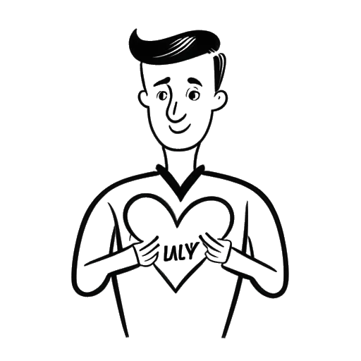 Line art drawing of a man, representing Justin Waller, holding a heart with the words 'loyalty', 'trustworthiness', and 'integrity' written on it