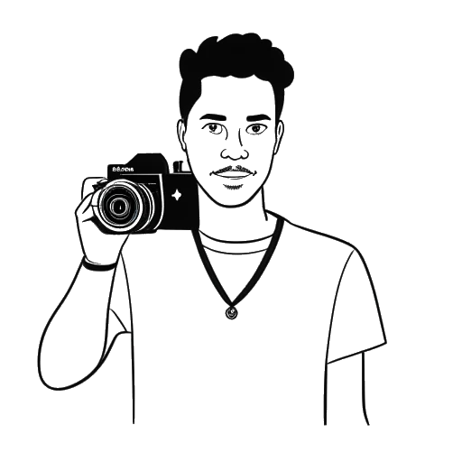 Disegno in bianco e nero di un uomo, rappresentante Justin Waller, che tiene una videocamera di fronte a un logo di YouTube