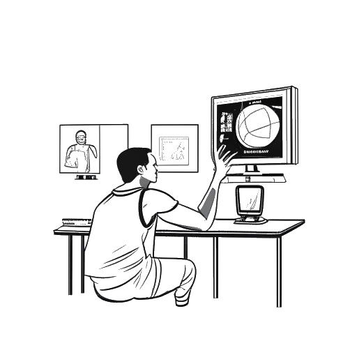 Lijnkunsttekening van een man in een basketbalshirt, die Mark Cuban voorstelt. Hij wordt afgebeeld terwijl hij een basketbal vasthoudt en omringd is door tv-schermen.