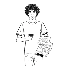 Line art drawing of a man, representing Mark Cuban, with curly hair wearing casual attire. He is depicted holding a stack of trash bags in one hand and a sheet of stamps in the other.