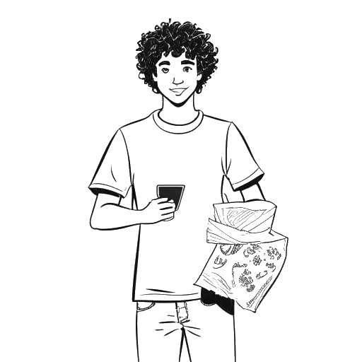 Dibujo de arte lineal de un hombre, representando a Mark Cuban, con cabello rizado vistiendo ropa casual. Se muestra sosteniendo un montón de bolsas de basura en una mano y una hoja de sellos en la otra.