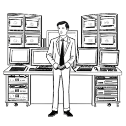 Line art drawing of a man in a business suit, representing Mark Cuban. He is depicted surrounded by computer screens and servers.