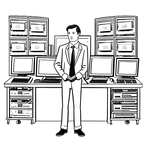 Dibujo de arte lineal de un hombre con traje de negocios, representando a Mark Cuban. Se muestra rodeado de pantallas de computadora y servidores.