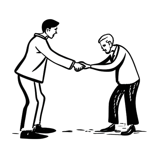 Lijnkunsttekening van een man die een helpende hand biedt aan een andere man, die Mark Cuban voorstelt. De man in nood wordt visueel afgebeeld als de voormalige NBA-speler Delonte West.