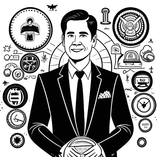 Line art drawing of a man representing Mark Cuban wearing a suit. He has a confident expression and is accompanied by symbols including dollar signs, a basketball, a television, and a computer.