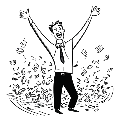 Line art drawing of Mark Cuban celebrating the acquisition of Broadcast.com by Yahoo! for $5.7 billion.