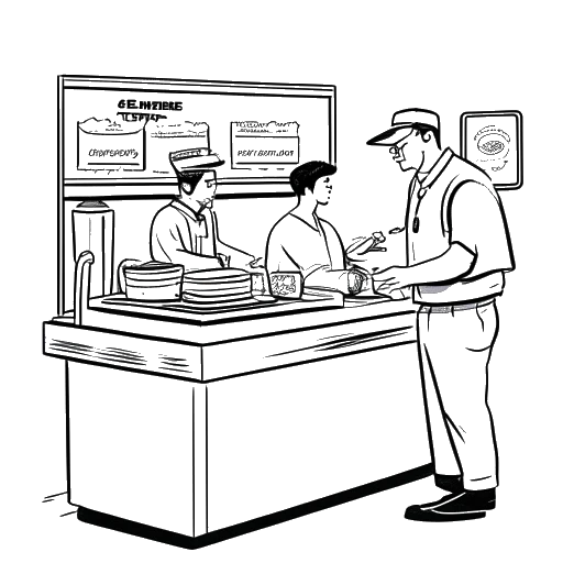 Desenho em arte linear de Mark Cuban trabalhando em uma unidade do Dairy Queen por um dia após fazer um comentário sobre um árbitro da NBA.