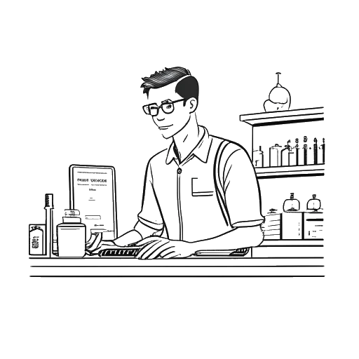 Line art drawing of a young man representing Mark Cuban, working as a bartender and a software salesperson in Dallas, Texas.