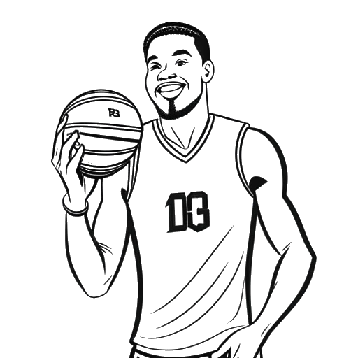 Line art drawing of Mark Cuban holding a basketball and a check for $285 million, representing the purchase of the Dallas Mavericks.