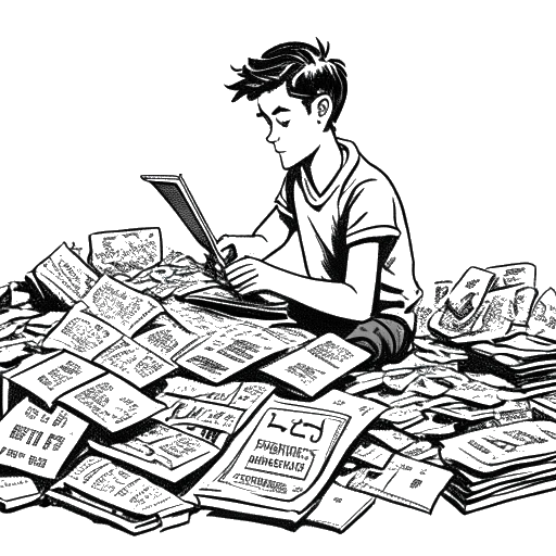 Desenho em arte linear de um adolescente representando Mark Cuban, lidando com selos, moedas e jornais durante uma greve.
