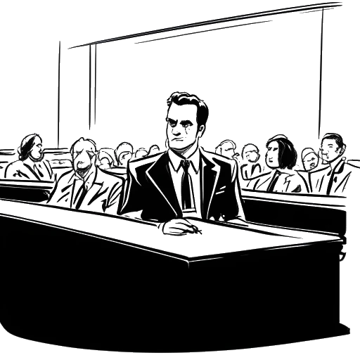 Dibujo de arte lineal de Mark Cuban siendo declarado no culpable de uso de información privilegiada por la SEC en 2008.