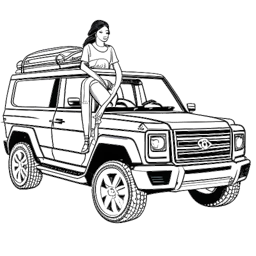 Line art drawing of a woman, representing Chrisean Rock, fashionable and holding a child next to a G-Wagon, depicting her life and celebrity status.