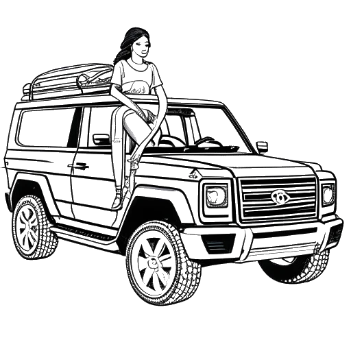 Line art drawing of a woman, representing Chrisean Rock, fashionably dressed with a child next to a G-Wagon, illustrating her life and celebrity status, against a white backdrop.