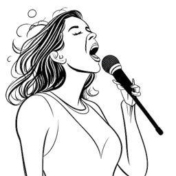 Dibujo de arte lineal de una mujer, representando a Chrisean Rock, cantando con confianza en un micrófono con notas musicales a su alrededor.