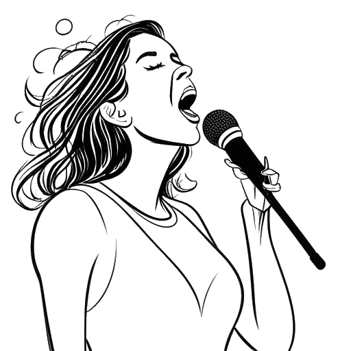 Line art drawing of a woman, representing Chrisean Rock, confidently singing into a microphone with musical notes around her, all against a white backdrop.