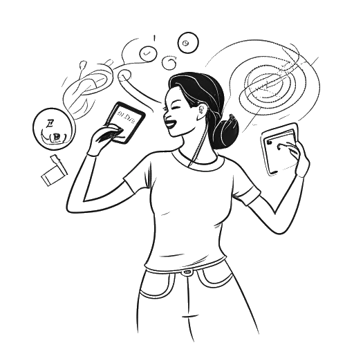 Strichzeichnung einer Frau, die Chrisean Rock repräsentiert, in athletischer Haltung mit Mikrofon und Handy. Symbole für soziale Medien und Währungen fassen ihre finanziellen Einkommensquellen ein, vor einem weißen Hintergrund.