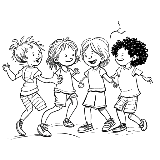 Strichzeichnung einer Gruppe von spielenden Kindern, die Chrisean Rock und ihre 11 Geschwister darstellen