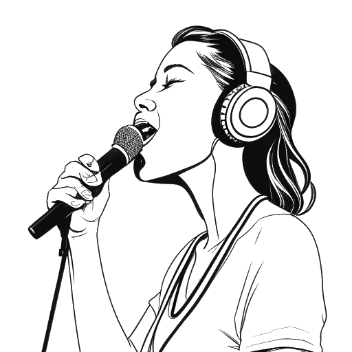Lijntekening van een vrouw die in een microfoon zingt, met koptelefoon op, wat de muziekcarrière van Chrisean Rock vertegenwoordigt
