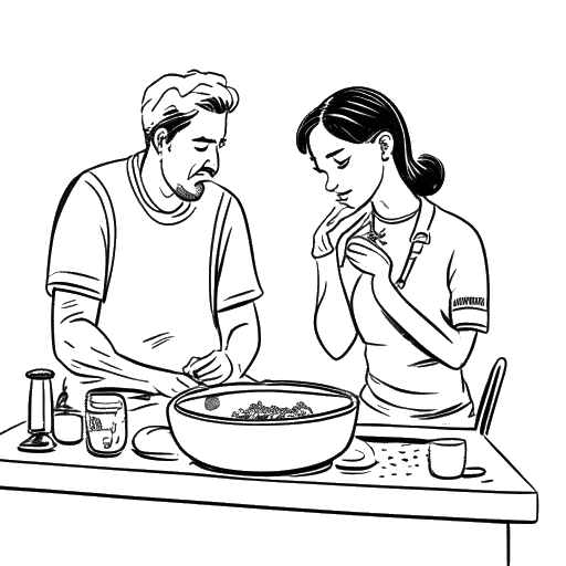 Disegno in stile line art di un uomo che cucina e una donna seduta con la testa tra le mani, rappresentante i genitori di Chrisean Rock