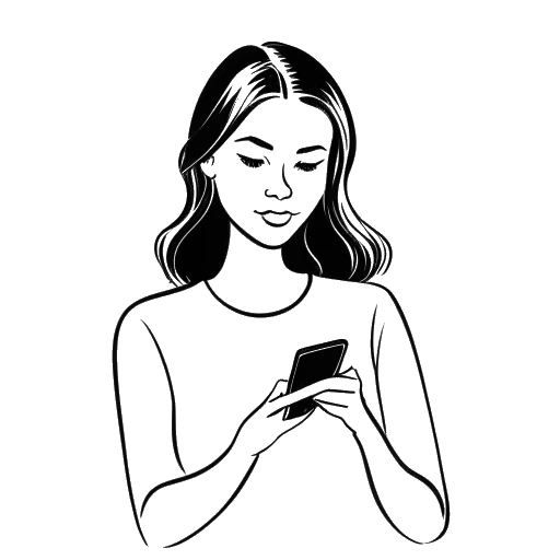 Lijntekening van een vrouw met een smartphone, wat de aanwezigheid van Chrisean Rock op sociale media vertegenwoordigt