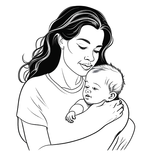 Lijntekening van een vrouw die een baby vasthoudt, wat Chrisean Rock en haar zoon Chrisean Malone Jr. verbeeldt