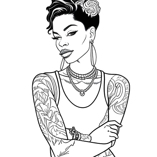 Disegno in stile line art di una donna che mostra i suoi tatuaggi, rappresentante la dedizione di Chrisean Rock a Blueface