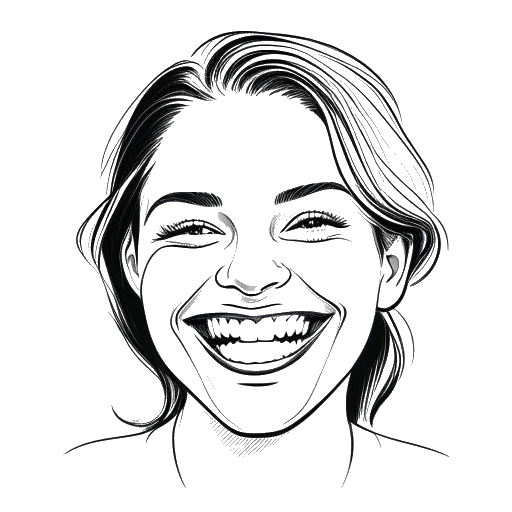 Dibujo de arte lineal de una mujer sonriendo, mostrando sus dientes, representando las nuevas carillas de Chrisean Rock