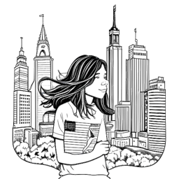 Dibujo de arte lineal de un chico con el cabello largo, representando a Timothée Chalamet, sosteniendo las banderas de Estados Unidos y Francia, con un telón de fondo de rascacielos y galerías de arte, simbolizando su doble identidad y sus aspiraciones.