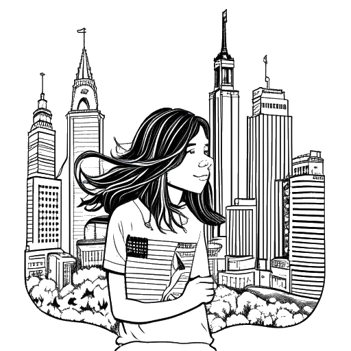 Line art drawing of a boy with long hair, representing Timothée Chalamet, holding both American and French flags, set against a backdrop of skyscrapers and art galleries, symbolizing his dual identity and pursuits.