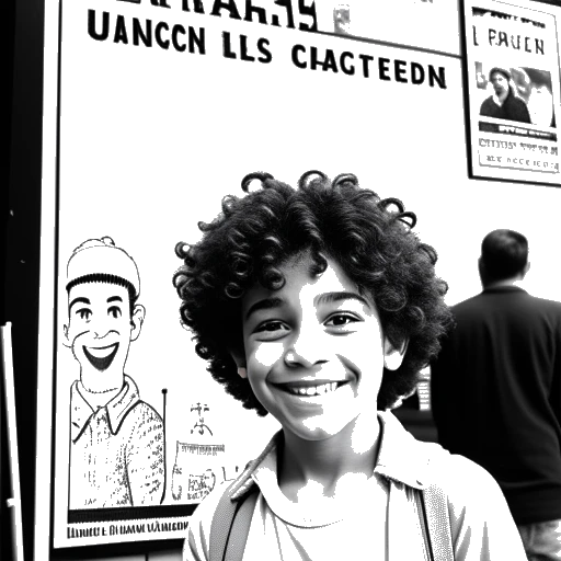 Dibujo de arte lineal de un chico que representa a Timothée Chalamet, sosteniendo un guion, con un letrero de Broadway, el logo de UNICEF y un póster de Joker en el fondo