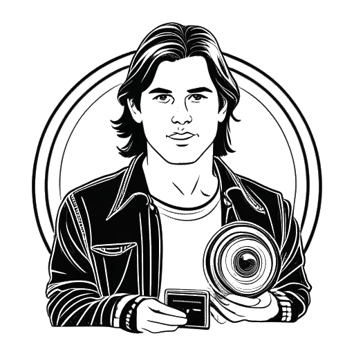 Dibujo de arte lineal de un hombre que representa a Timothée Chalamet, sosteniendo un televisor y una bobina de película, con el logo de 'Law & Order' y un fondo espacial