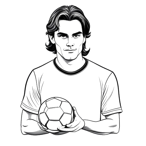 Dibujo de arte lineal de un hombre que representa a Timothée Chalamet, sosteniendo un balón de fútbol, con una foto del actor Joaquin Phoenix en el fondo