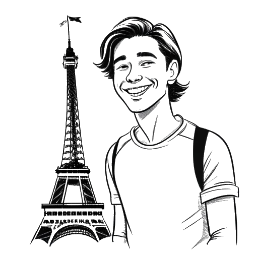 Line art drawing of a man representing Timothée Chalamet, holding a French flag, with the Eiffel Tower in the background